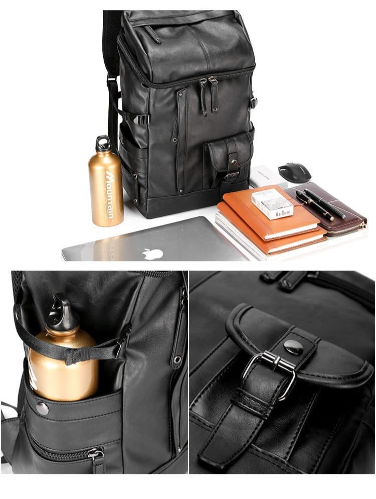 Mochila Gran Capacidad 15.6 Pulgadas Bolsa De Computadora Portátil De Cuero Genuino Mochila De Fin De Semana Travel Travel Mens Business Casual Impermeable Negro