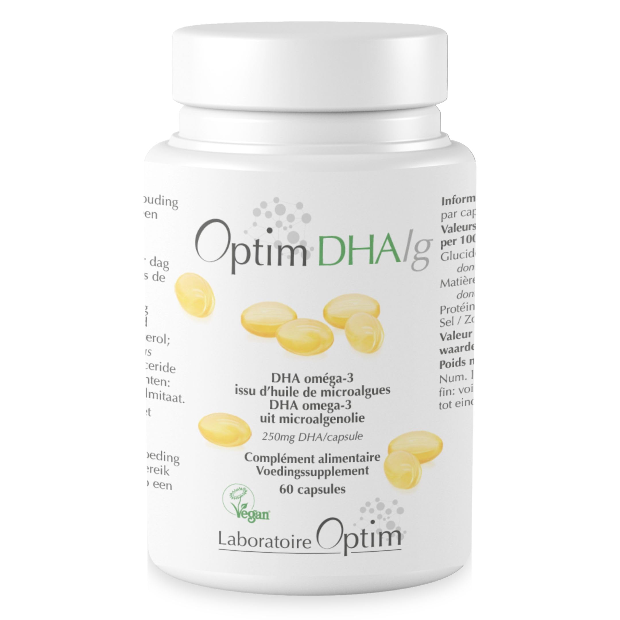 OPTIM DHAlg Oméga 3 DHA Vegan 250 mg, 60 gélules | Huile de microalgues Schizochytrium, Sans poisson, Vegan Society, Cerveau & Vision