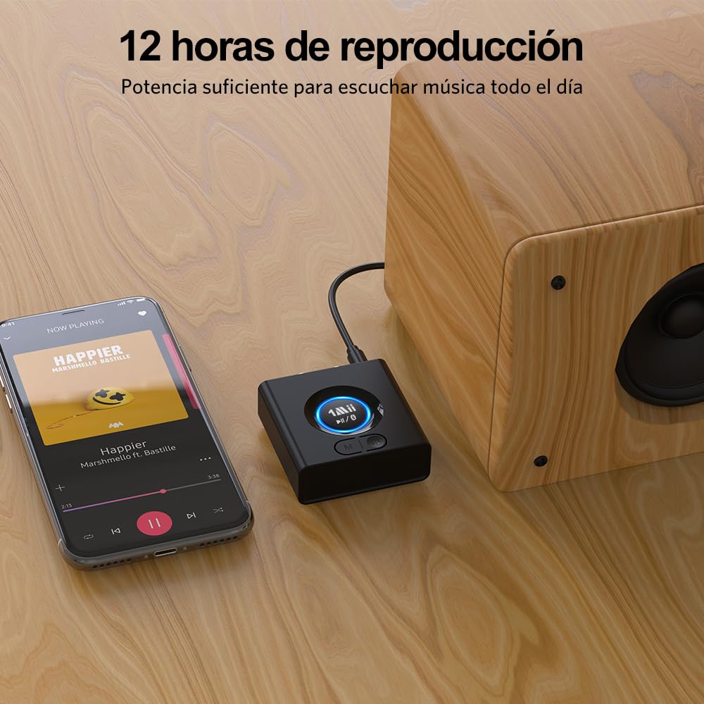 1Mii Receptor Bluetooth HiFi para Sistema Estéreo, Adaptador Audio Inalámbrico AUX/RCA Jack 3.5 con Refuerzo de Graves, Baja Latencia, 12H Autonomía para Amplificador, Coche y Altavoz