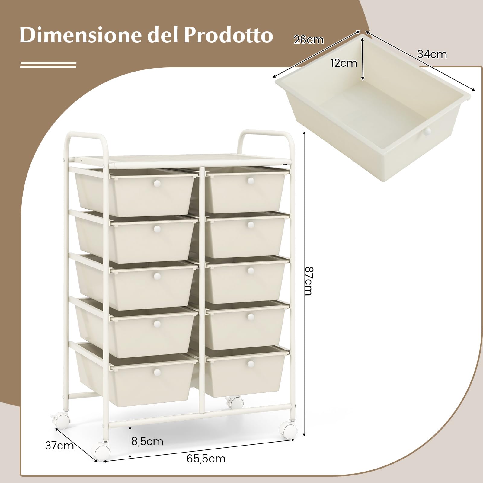 COSTWAY Carrello a 10 Cassetti con Ruote, di Stoccaggio con Stabilità Elevata, Multiuso per Casa Ufficio e Scuola, 65,5 x 37 x 87 cm (Bianco)