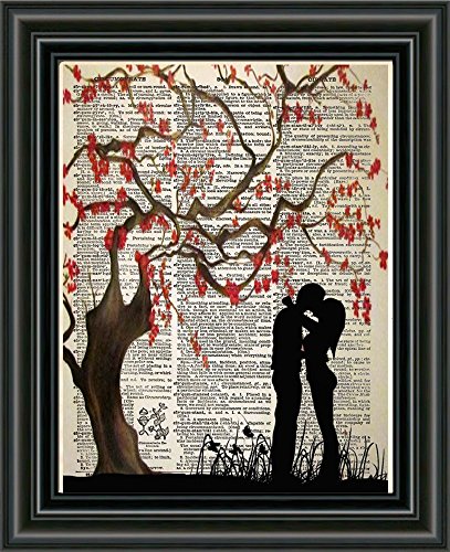Cherry blossom art, couple kissing, romantic silhouette art, vintage book page art print