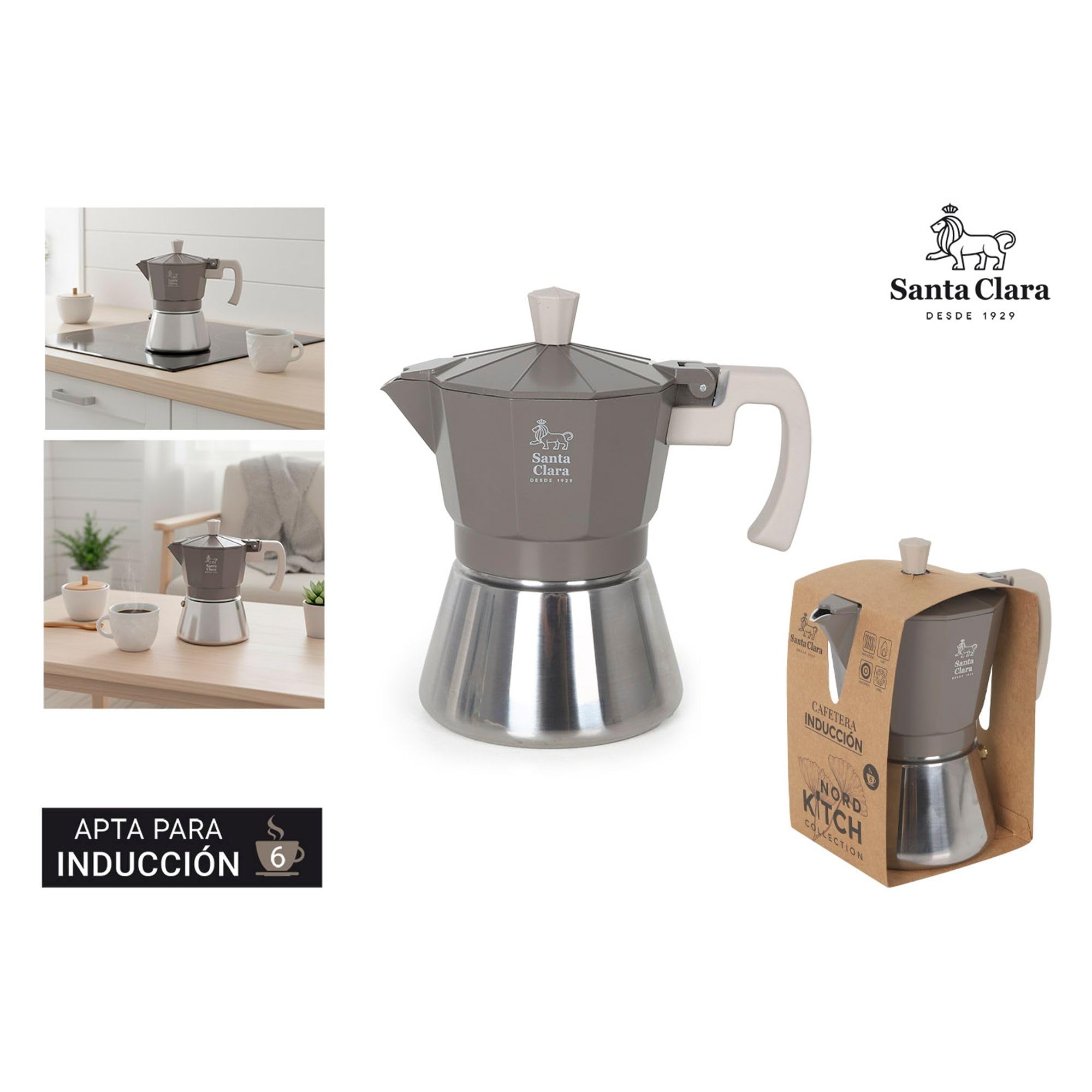 INDE SANTA CLARA | Cafetera Italiana Moka Nordkitch 6 Tazas 300 ml, Cuerpo de Aluminio y Base de Acero Inoxidable, Apta para Inducción y Todo Tipo de Fuegos, Asa Soft Touch — view 6