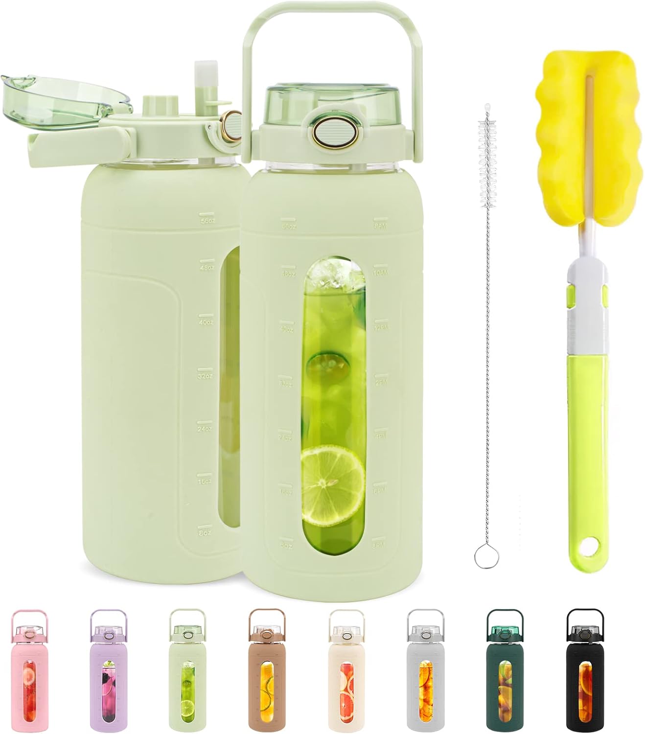 Tronco 64oz Glass Water Bottle with Straw Lid and Time Marker, Half Gallon Large Motivational Water Bottle with Silicone Sleeve, 2L Reusable Drinking Jug for Gym Home Workout BPA Free,Light Green