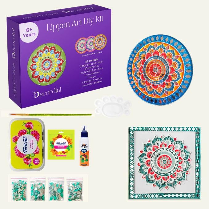 Image of Square Premarked Lippan Art & Craft Material Kit for Adults | DIY Lippan Art Kit with Clay, Tools & Madhubani MDF Board | Wall Hanging Home Decor | Art & Craft Kit for Girls 9-12