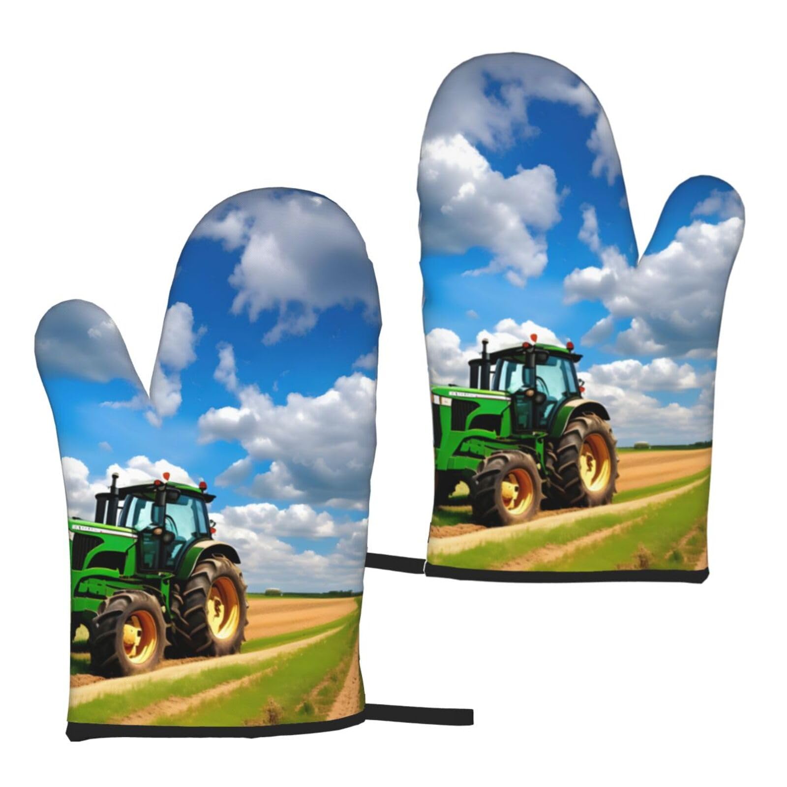 Nimongt Women's Black Tractor Under Blue Sky And White Clouds Print Adults Universal Fit Heat Resistant Oven Gloves Reusable Cooking Outdoor Grilling