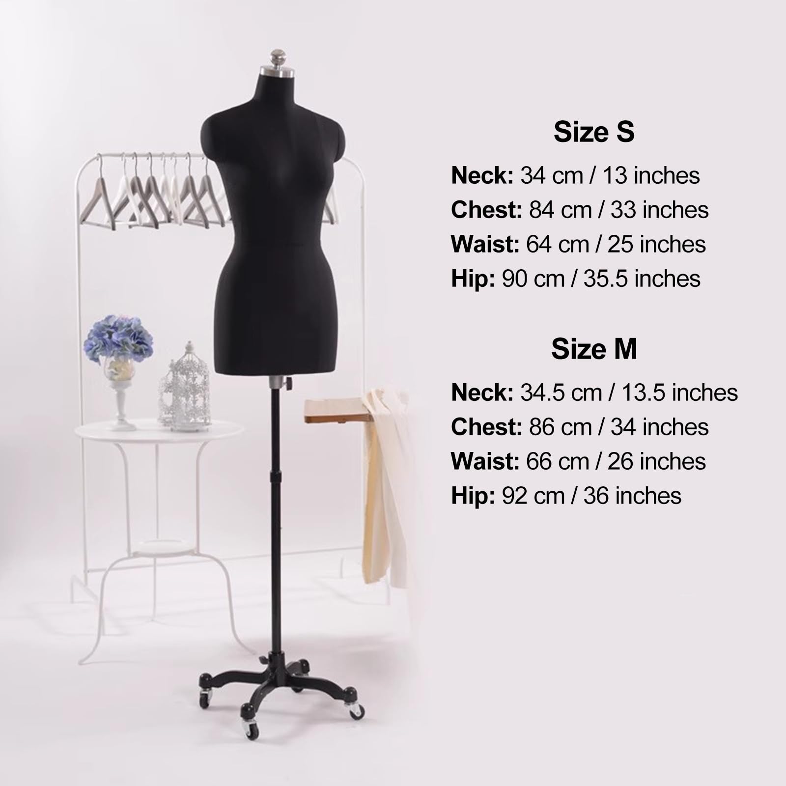 Maniqui Costura Mujer Modista, Maniquí de Costura con Ruedas, Modelo de Cuerpo de Maniquí con Base Rodante Móvil de Metal, Cuerpo de Maniquí Femenino para Ropa, Vestidos, Joyas de Exhibición(Black,S)