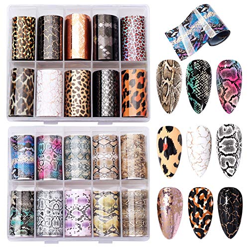 20 Roll Animal Print Nail Foil Transfer Sticker,Snake Leopard Skin Nail Art Transfer Decals,Colorful Holographic Transfer Foils for Women Girl Nail Design Decoration