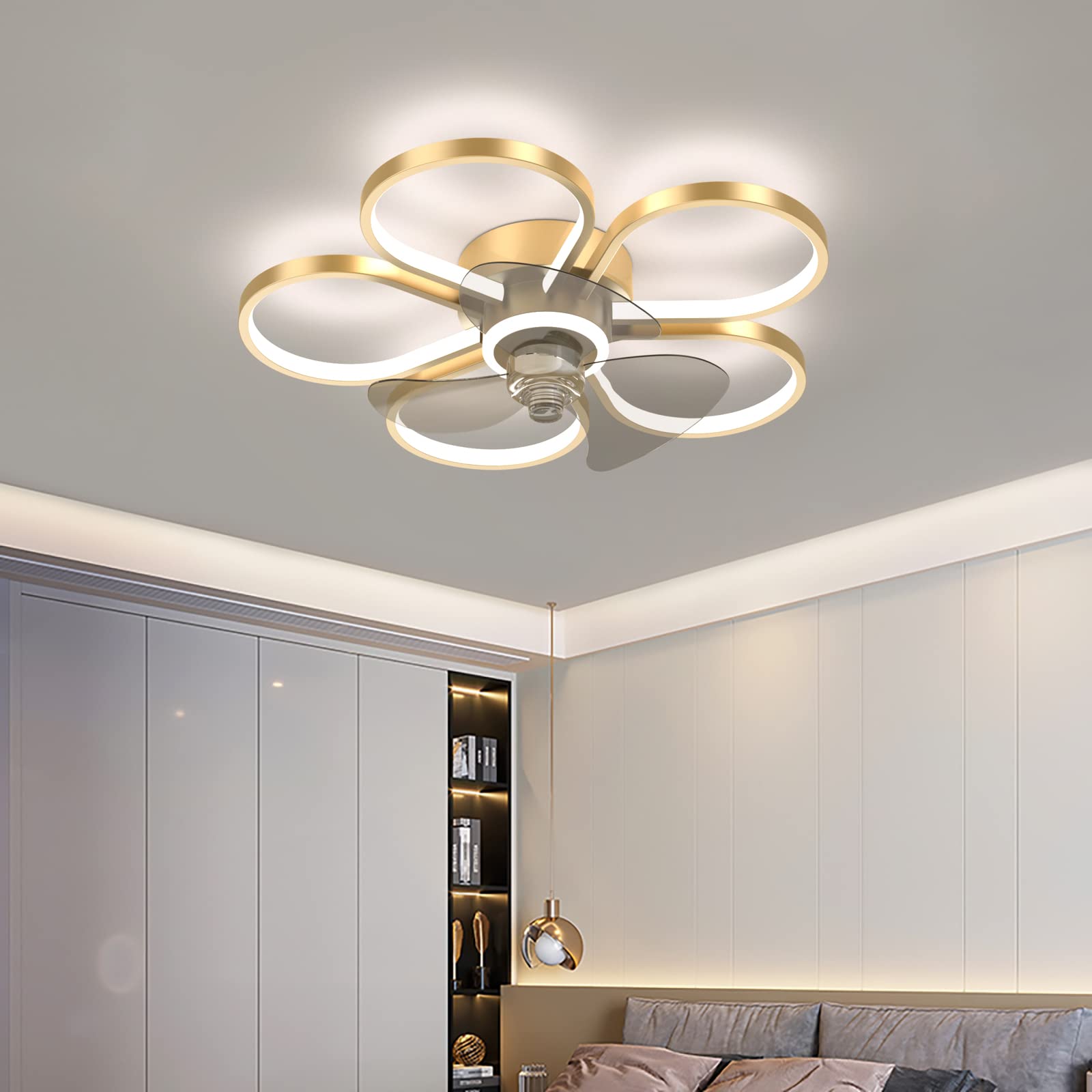 YIYUNFan Ceiling Light Ceiling Fan with LED Lighting And Remote Control DC 6 Speed Reversible Quiet Fan Ceiling Fans Lights for Children's Rooms Living Room Bedroom Chandelier Lamp,Gold