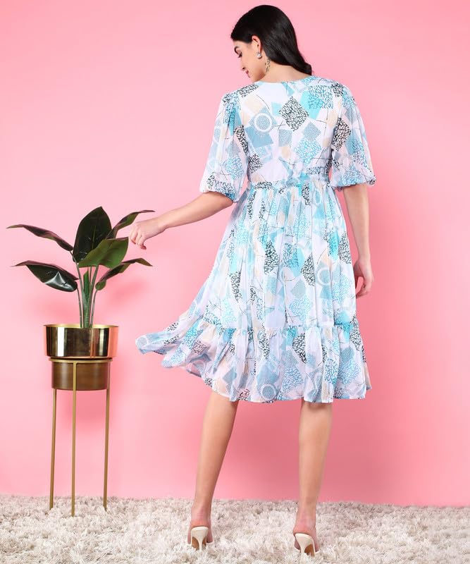 Image of Women's Empire Dress, Georgette Floral Printed Short Sleeve Smart Casual Dress