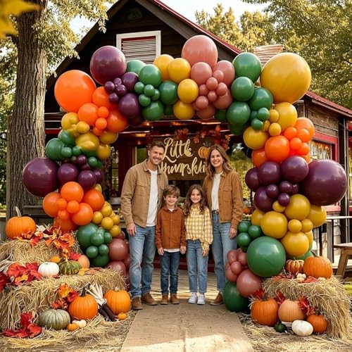 Image of Retro Balloon Garland Double Stuffed Dusty Pink Orange Mustard Yellow Sage Green Purple Fall Balloon Arch Kit for Birthday Baby Shower Festival Thanksgiving Party Decorations