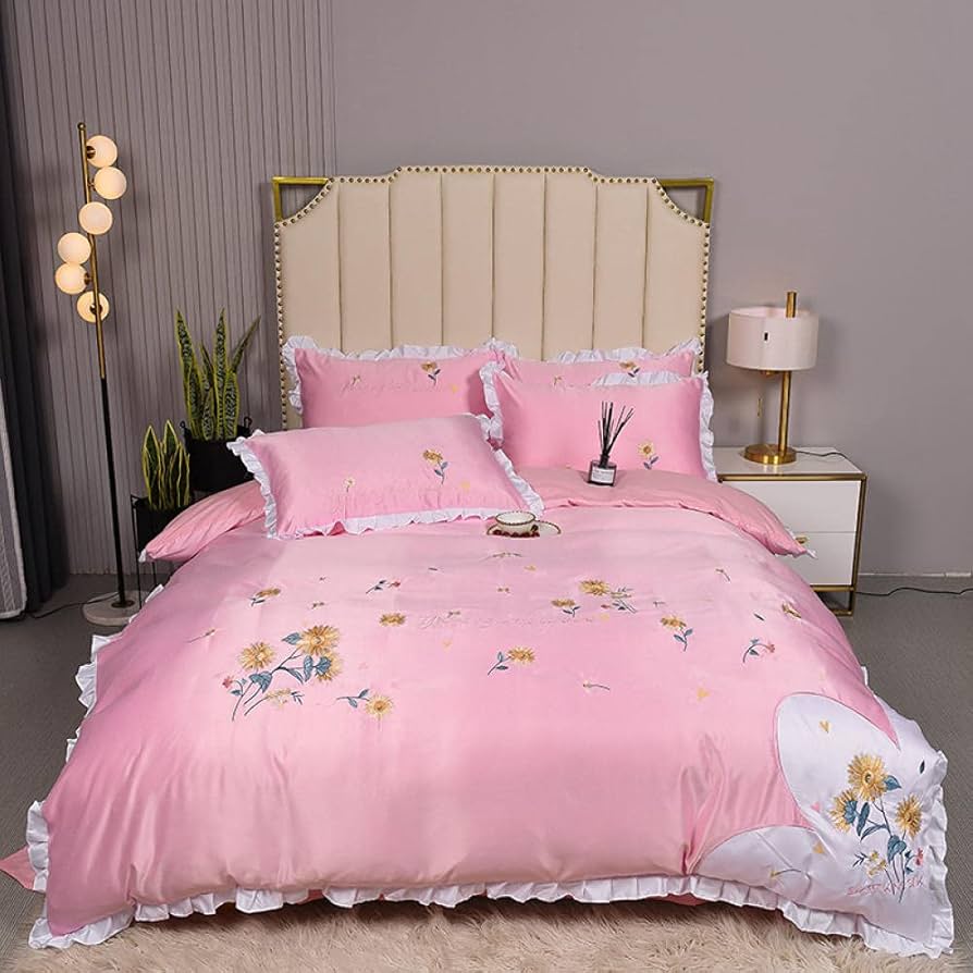 LPAOMKL 刺繍入り長繊維綿 4 点セット、サテン布団カバー、純綿