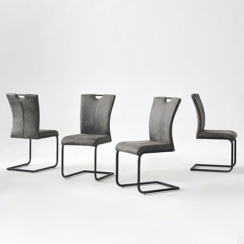 Vintage Fabric Dining Chairs Set of 4 with Handle,Modern Upholstered Kitchen & Dining Room High Back Chair,Mid-Century Armless Cantilever Chairs,Grey