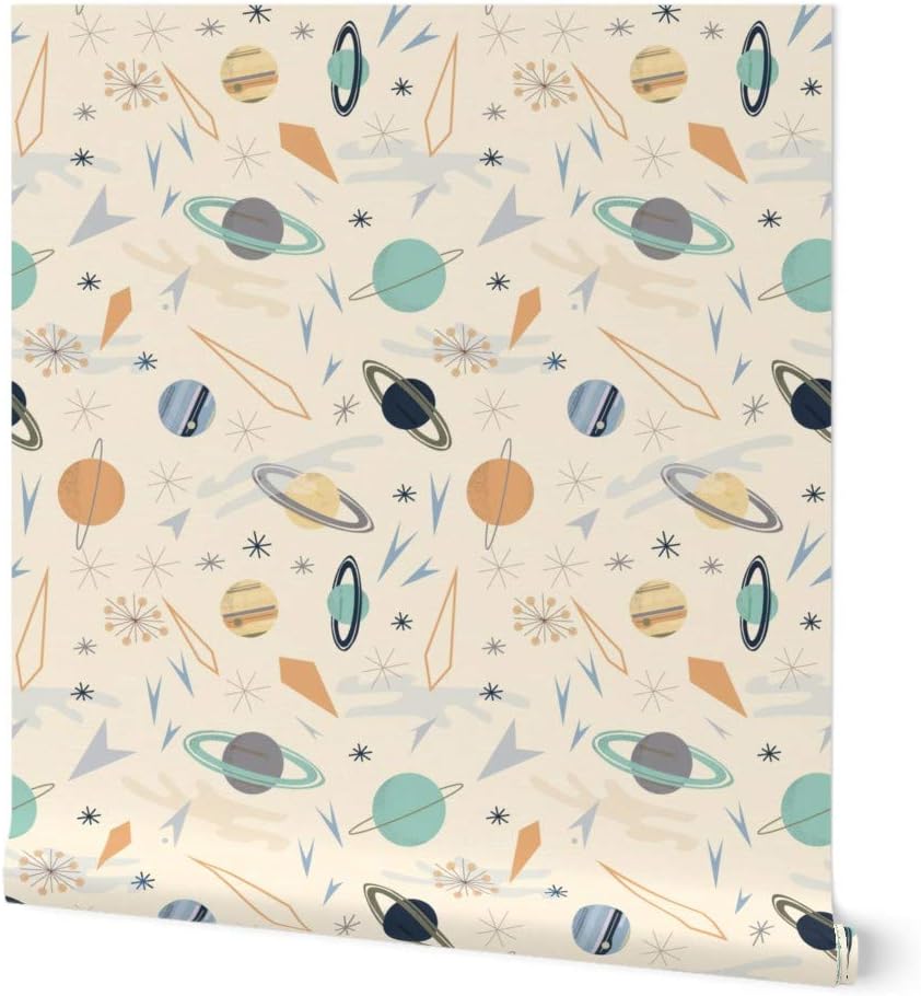 Spoonflower Peel & Stick Wallpaper 6ft x 2ft - Atomic Age Solar System Retro 1950S Space Stem Planets Custom Removable Wallpaper