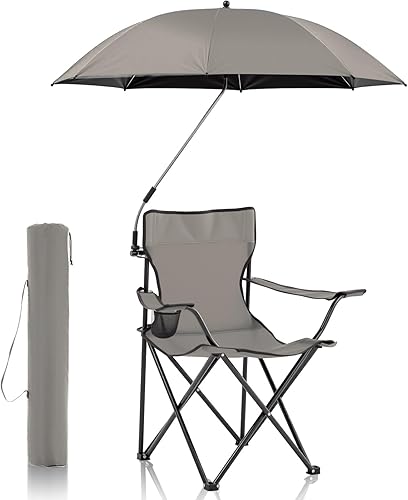 Juego de 2 sillas de campamento plegables con paraguas, para adultos, asiento plegable de pícnic, asiento de césped plegable para exteriores, pesca,
