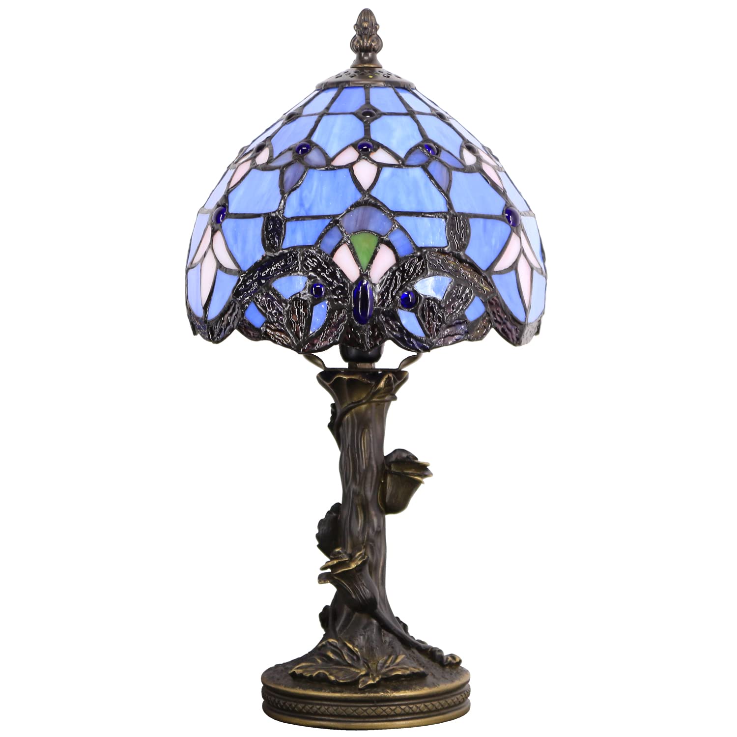 SYETL Small Tiffany Lamp Stained Glass Table Lamp Blue Baroque Style Bedside Desk Light Mini Accent Desk Memory Lamp 8X15 Inch