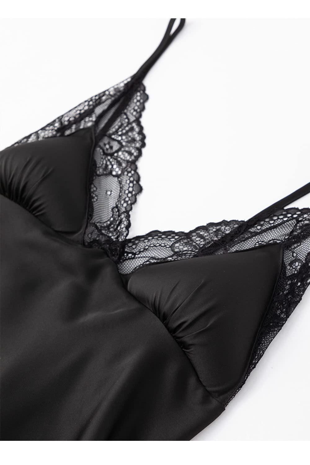 OZEO Pigiama Raso Donna,Accappatoio Kimono in Due Pezzi di Raso Nero Vestaglia Sexy con Cuciture in Pizzo Leggero Abito con Lacci Abito da Sposa Babydoll Bademantel Damen,S