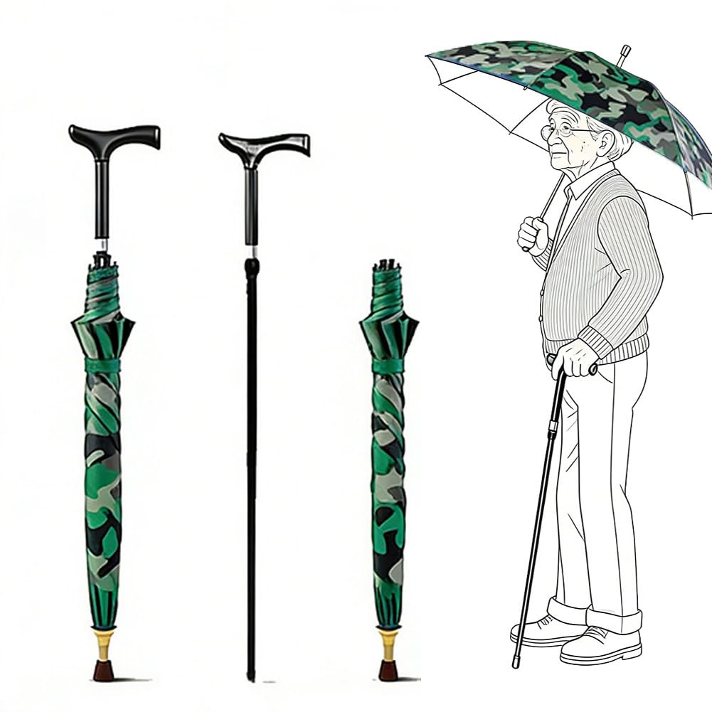 Laska spacerowa 2 w 1 z parasolem, Laska z regulowaną wysokością 86–96 cm, przenośna laska z parasolem, Antypoślizgowa, do nocnych wędrówek w deszczu,Camouflage,86~96cm/34~38inch