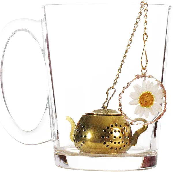 TAOHUAJIANG Tea Infuser with Real Daisy Flower in Resin Pendant with Gold Rim Stainless Steel Tea Infuser for loose tea leaf steeper Tea Strainer (Cup not included) (A)