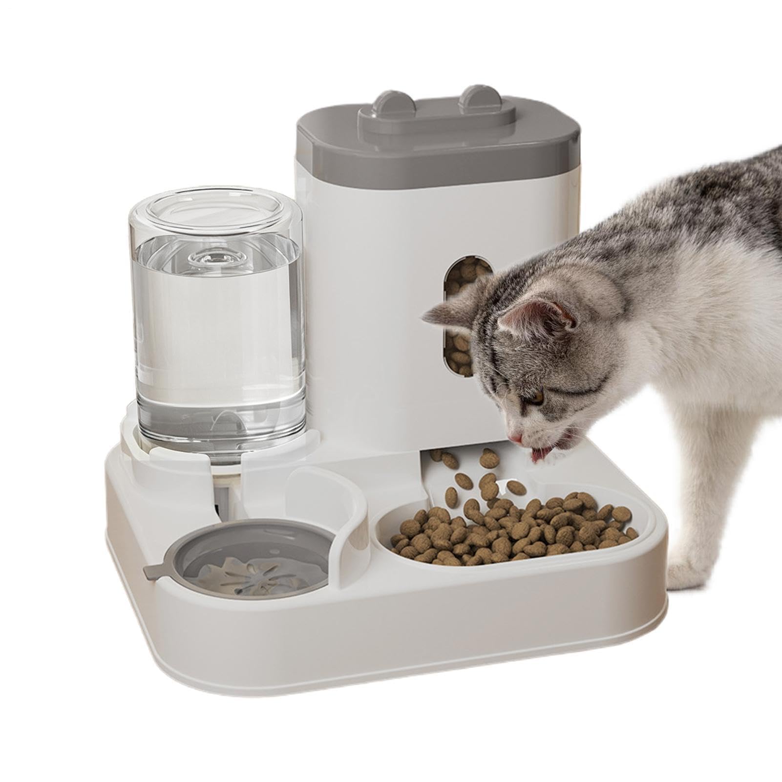 Distributeur Croquettes Chat Automatique,Distributeur Croquettes Chat Automatique 2 en 1 PP 2.2L Distributeur Croquettes Et 0.8L Fontaine A Eau Combo Mangeoire avec Gamelle Grande Capacité，Gris