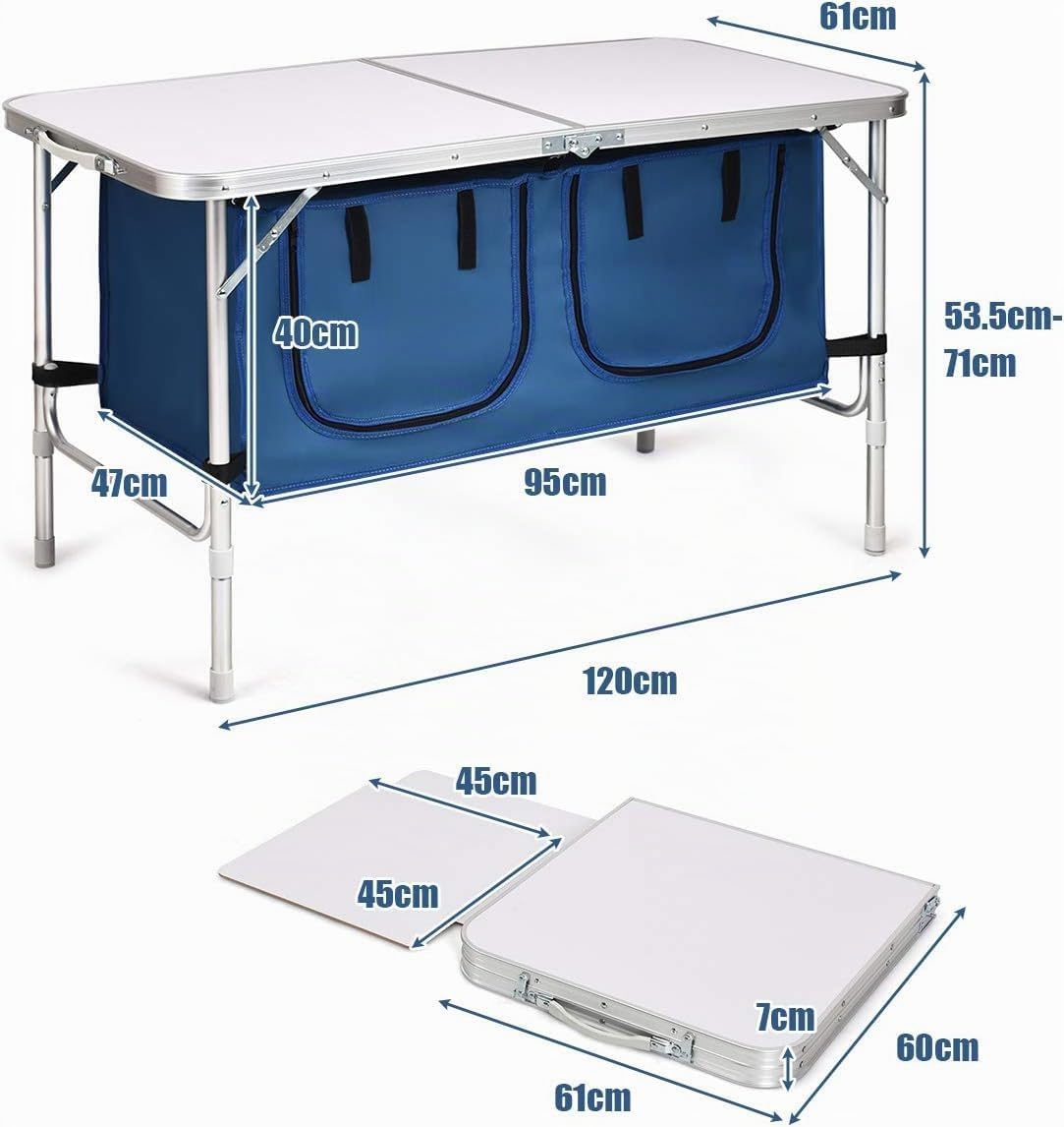 GYMAX faltbar Campingschrank, Campingküche mit großem Stauraum, 2 einstellbare Höhen, Outdoor Alu Picknicktisch Klapptisch Gartentisch für Strand, Garten, Grillparty