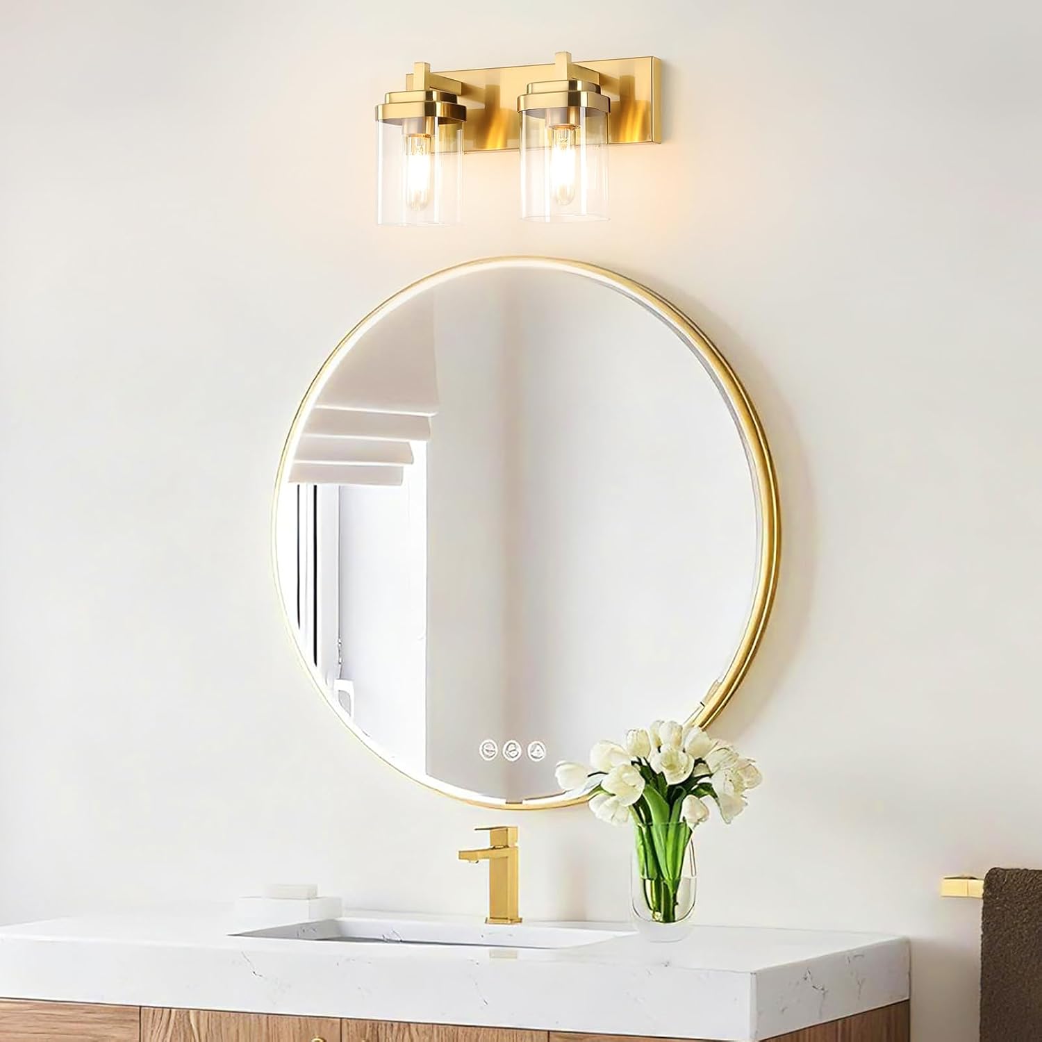 2-Light Vanity Light Fixture, Bathroom Wall Sconces, Bathroom Vanity Lighting Over Mirror | Square Clear Glass Shade | Bulbs Not Included | E26 Socket | Brushed Gold