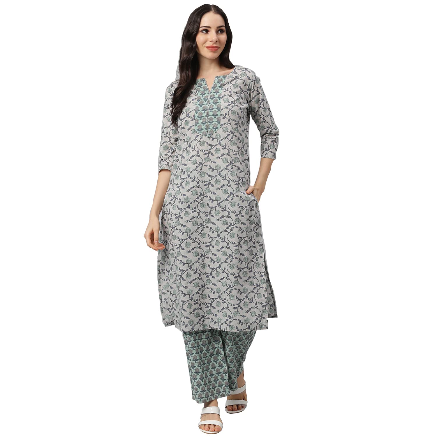 Idalia Women's Grey And Teal Green Printed Cotton Kurta Set With Palazzo Pant