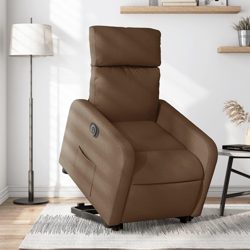 Sillón elevador reclinable eléctrico marrón tejido con motor para elevación y función reclinación automática hasta 135 grados, estructura estable de madera y metal,