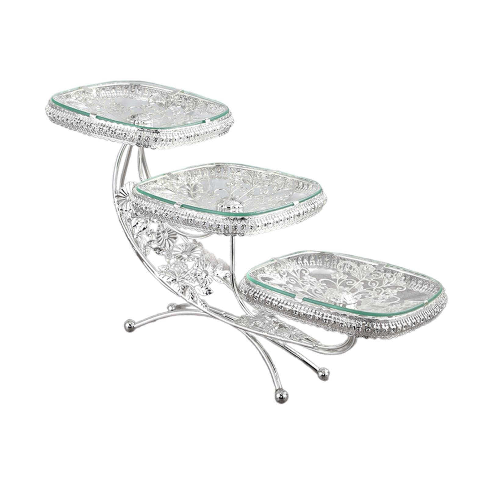 Soporte para Cupcakes de Niveles Bandeja de Postres con Diseño Artístico Estructura Metálica Y Vidrio Resistente Adecuado para Fiestas, Plata, Individual