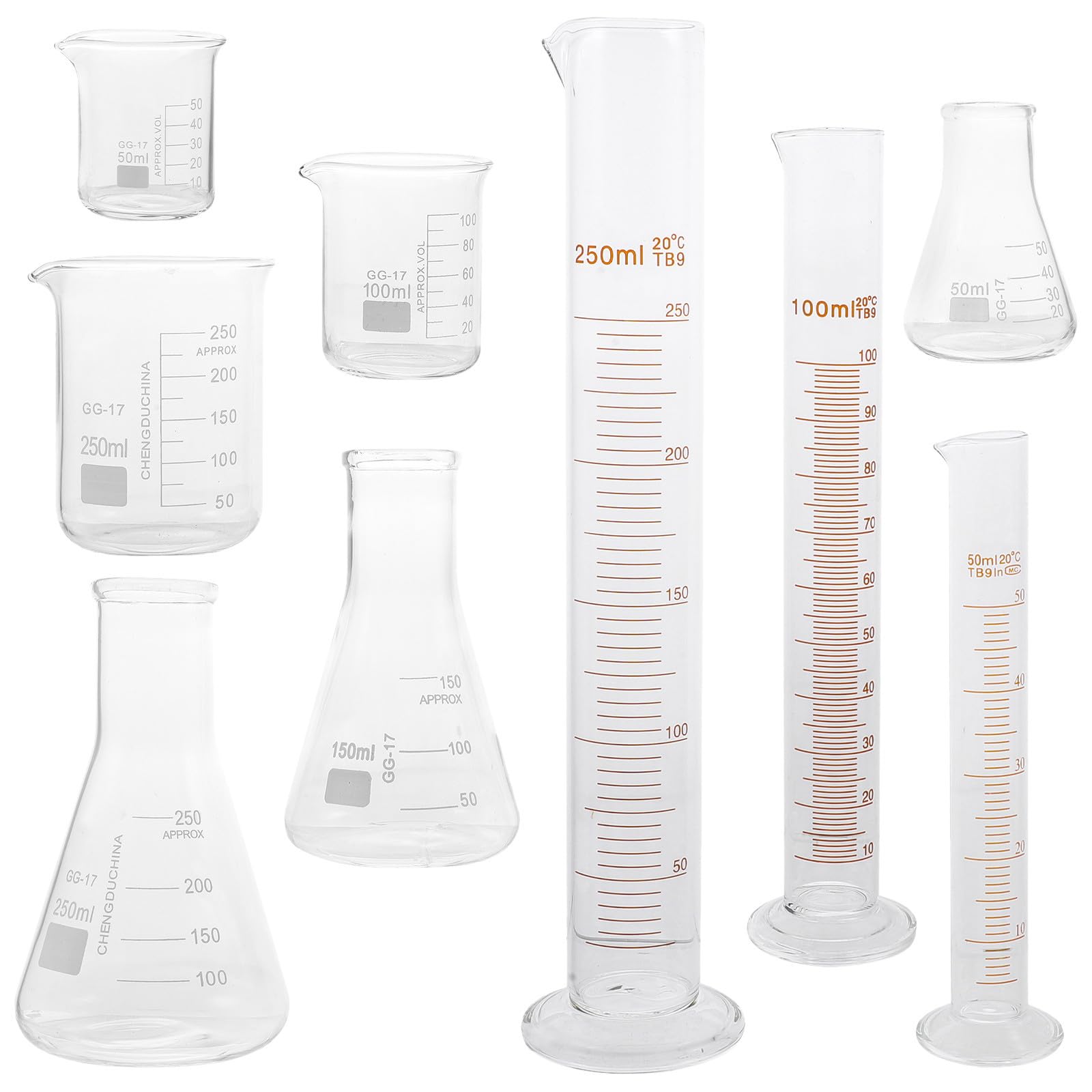 Set di 9 Pezzi di Vetreria da Laboratorio in Vetro Beuta Conica e Becher Graduati, Capacità 50ml-250ml, Scala Facile da Leggere, senza Perdite Laterali, per Chimica ed Educazione