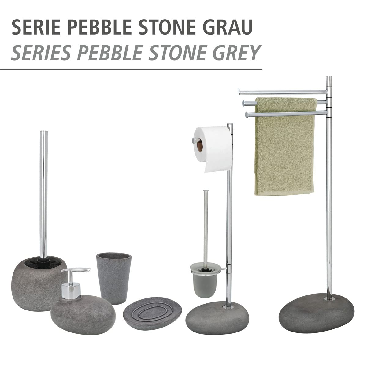 WENKO Stand WC-Garnitur Pebble Stone Grey - WC-Bürstenhalter, Stahl, 23.5 x 70 x 19 cm, Grau