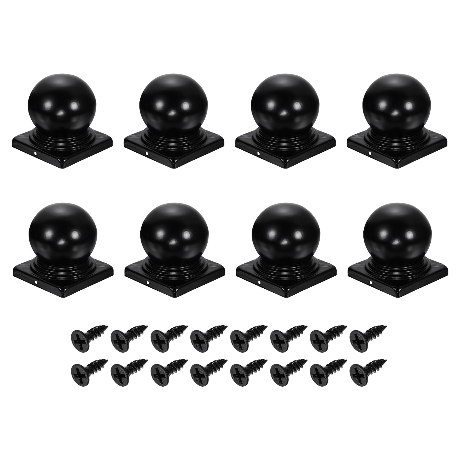 sourcing map 8Pcs Fence Post Caps, 100mm/3.94-inch Square Waterproof Ball Top Dome Iron Post Cap Cover with Screw Fit for Outdoor Metal Wood Fence Deck Mailbox Patio, Black