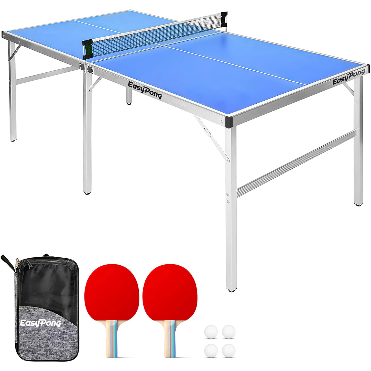 EasyPong | Blue Ping Pong Table | 182x91cm | Premium Quality | Easy to Carry | Stable | Ideal for Outdoor & Indoor | 2 Rackets + 4 Balls | Table Tennis | 100% Fun