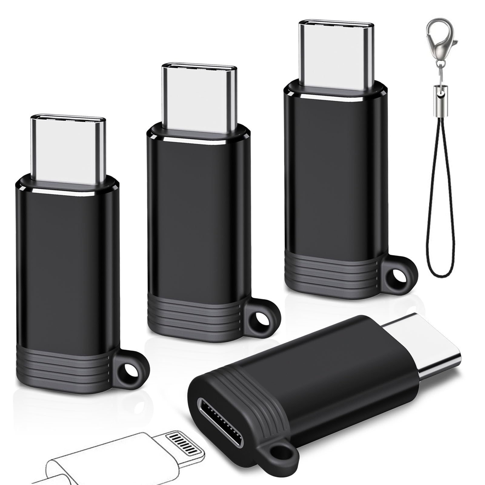 4-pak przejściówek Lightning na USB C, konwerter ładowania Apple Lightning żeński na męski typu C, szybkie ładowanie QC3.0, kompatybilny z iPhone'em, iPadem, Androidem (bez obsługi PD)