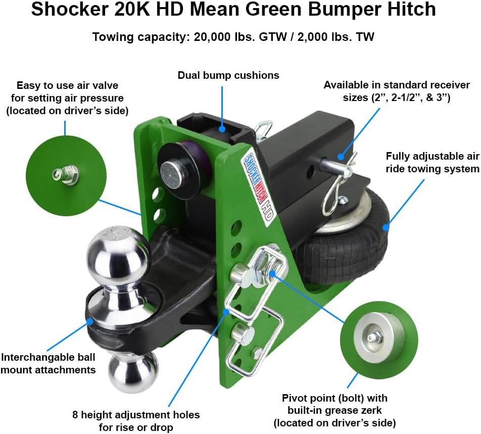 Shocker 20K HD Mean Green Air Hitch, Fits 2-1/2" Hitch Black Combo 2" & 2-5/16" Balls