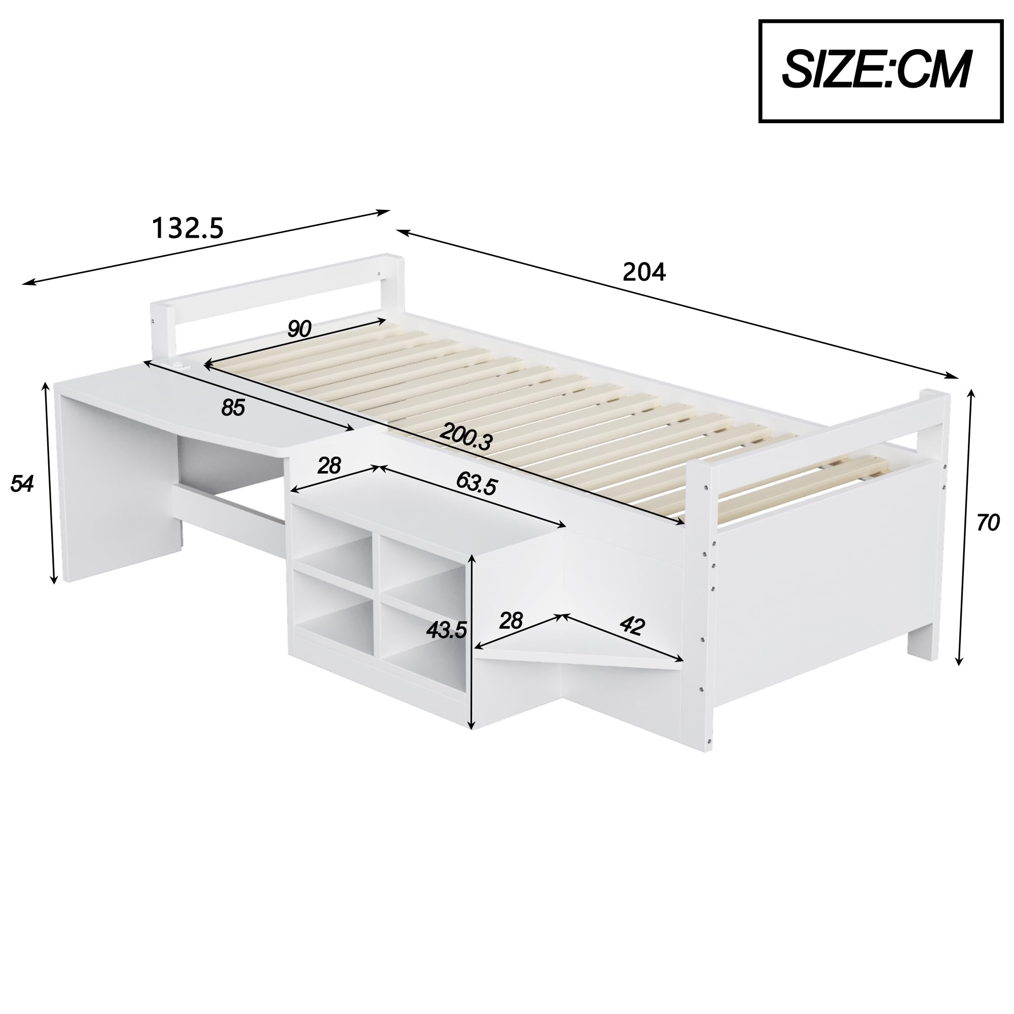 Łóżko piętrowe 90 x 200 cm, łóżko dziecięce z biurkiem i gniazdkami, białe łóżko drewniane ze schowkami, USB i stelażem, pojedyncze łóżko do małych pomieszczeń