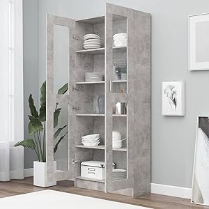 Vitrina de Cristal, Vitrina de Salón Aparador,Aparador Cocina, Oficina Archivador, con 5 Estantes 2 Puertas de Vidrio 82,5x30,5x185,5 cm Gris hormigón
