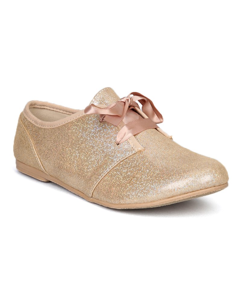 Qupid Shuffle-16x Hologram Lace Up Oxford Flat AB86 - Champagne Fabric