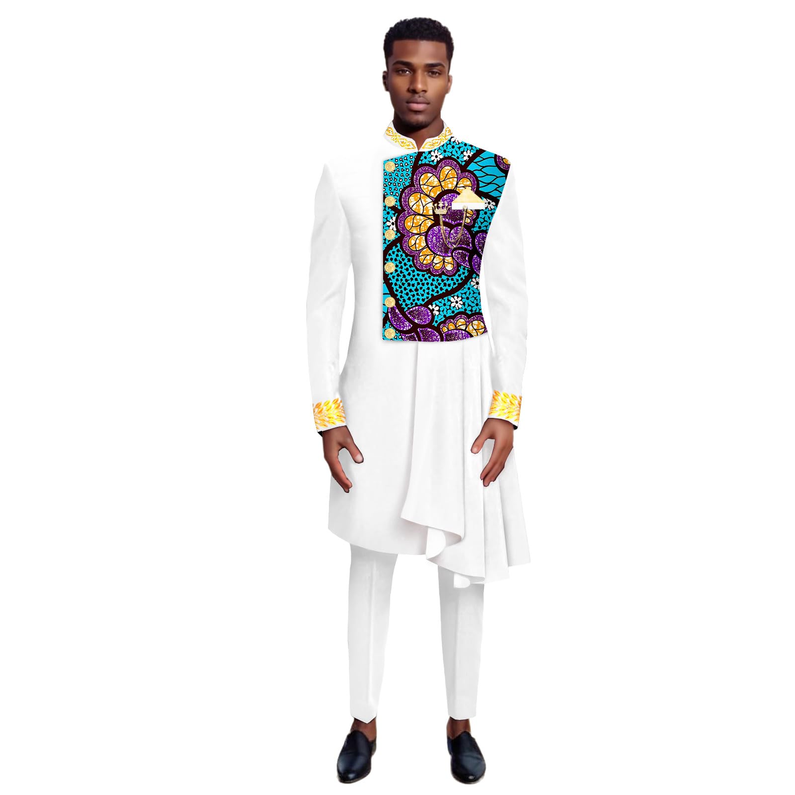 African Suits for Men Full Sleeve Chain Embroidery Single Breasted Print Blazer and Pants Set Formal Outfits