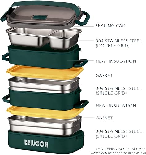 Miniatura 2 de HEWOOH Lonchera Bento de 47.3 fl oz para adultos, diseño de dos capas, apta para microondas y lavavajillas, resistente y desmontable (doble capa