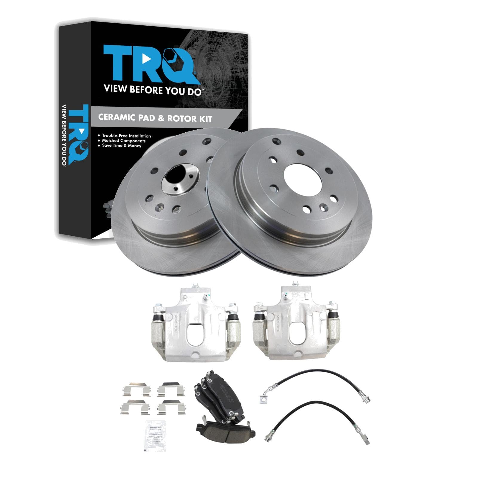 TRQ Rear Brake Pad and Rotor Set Ceramic Rotors Calipers Compatible with 2008-2016 Buick Enclave 2009-2017 Chevrolet Traverse 2007-2016 GMC Acadia 2007-2010 Saturn Outlook