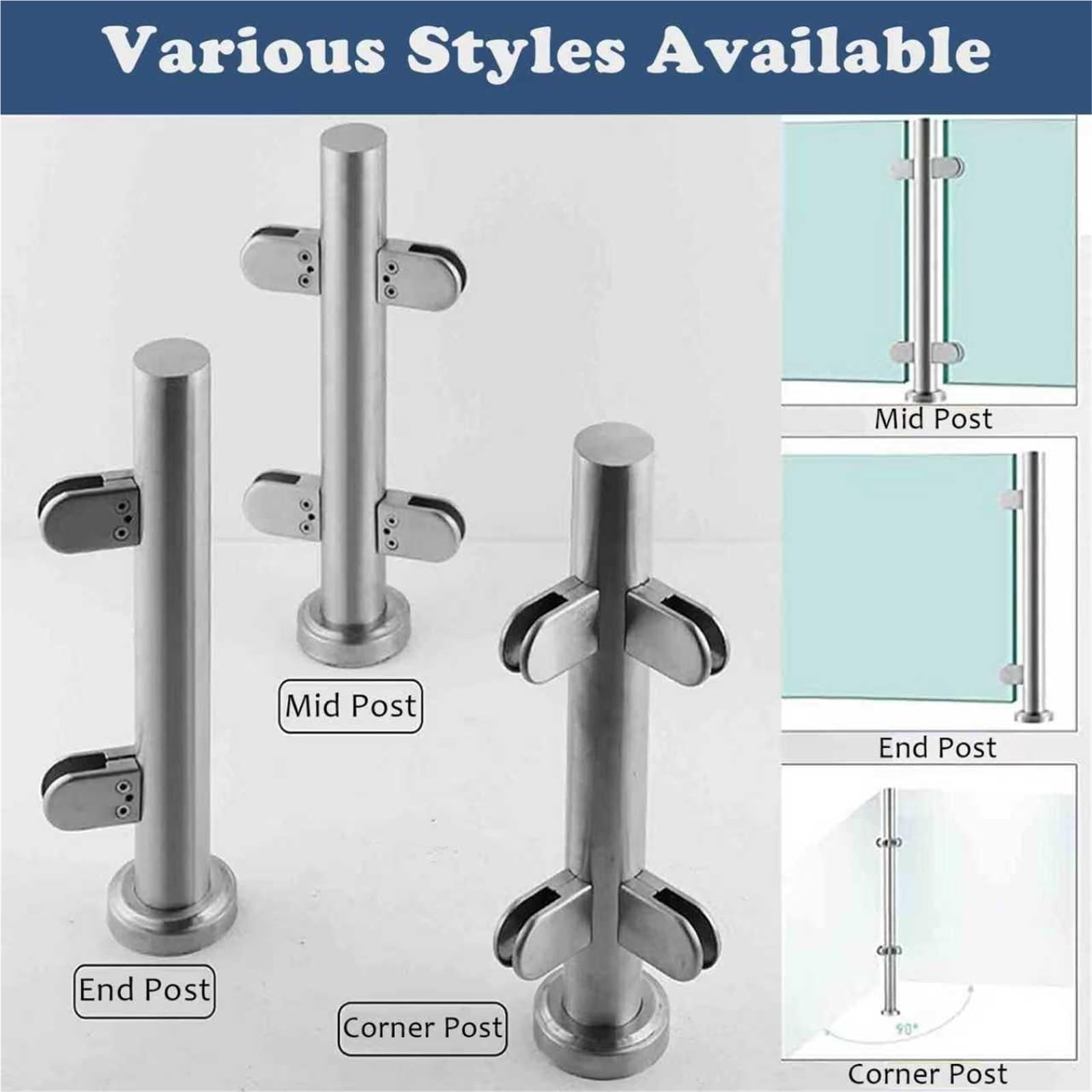 Colonna angolare in acciaio inossidabile 304 con fessure in vetro e finitura dorata e argentata, 60 cm di altezza, per supporto per balconi in vetro