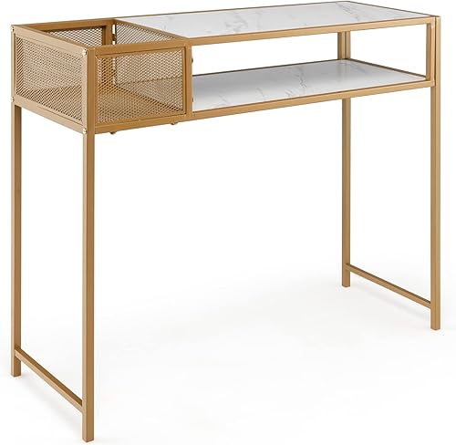 Miniatura 9 de Tangkula Mesa consola, mesa de sofá de mármol sintético de 2 niveles con estante de almacenamiento abierto, marco de acero dorado, mesa de entrada