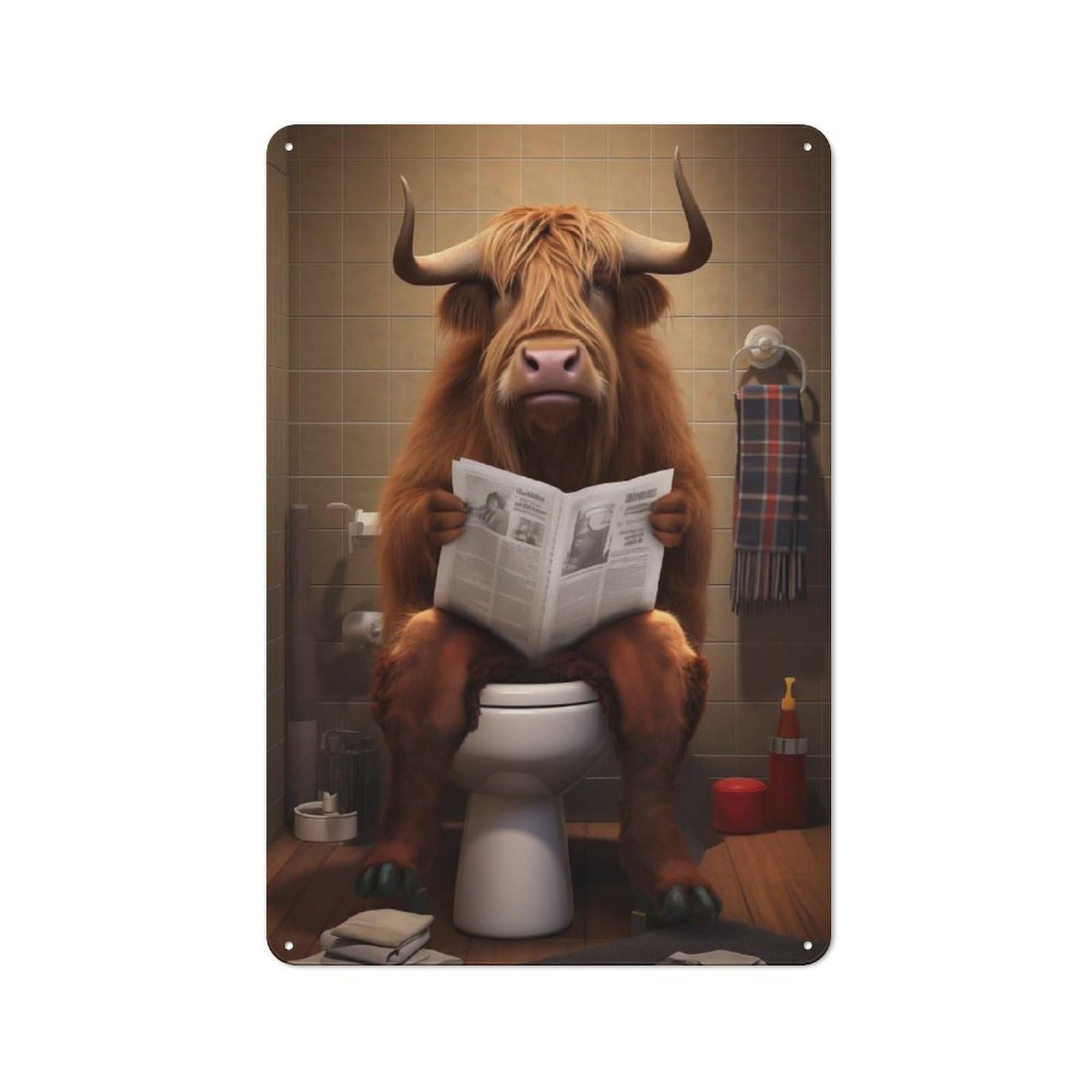 Junmoney Highland Cow On The Toilet Retro Metal Wall Sign 30X20cm For Hobby Room Or Studio, For Garage, Workshop And Man Cave Decoration
