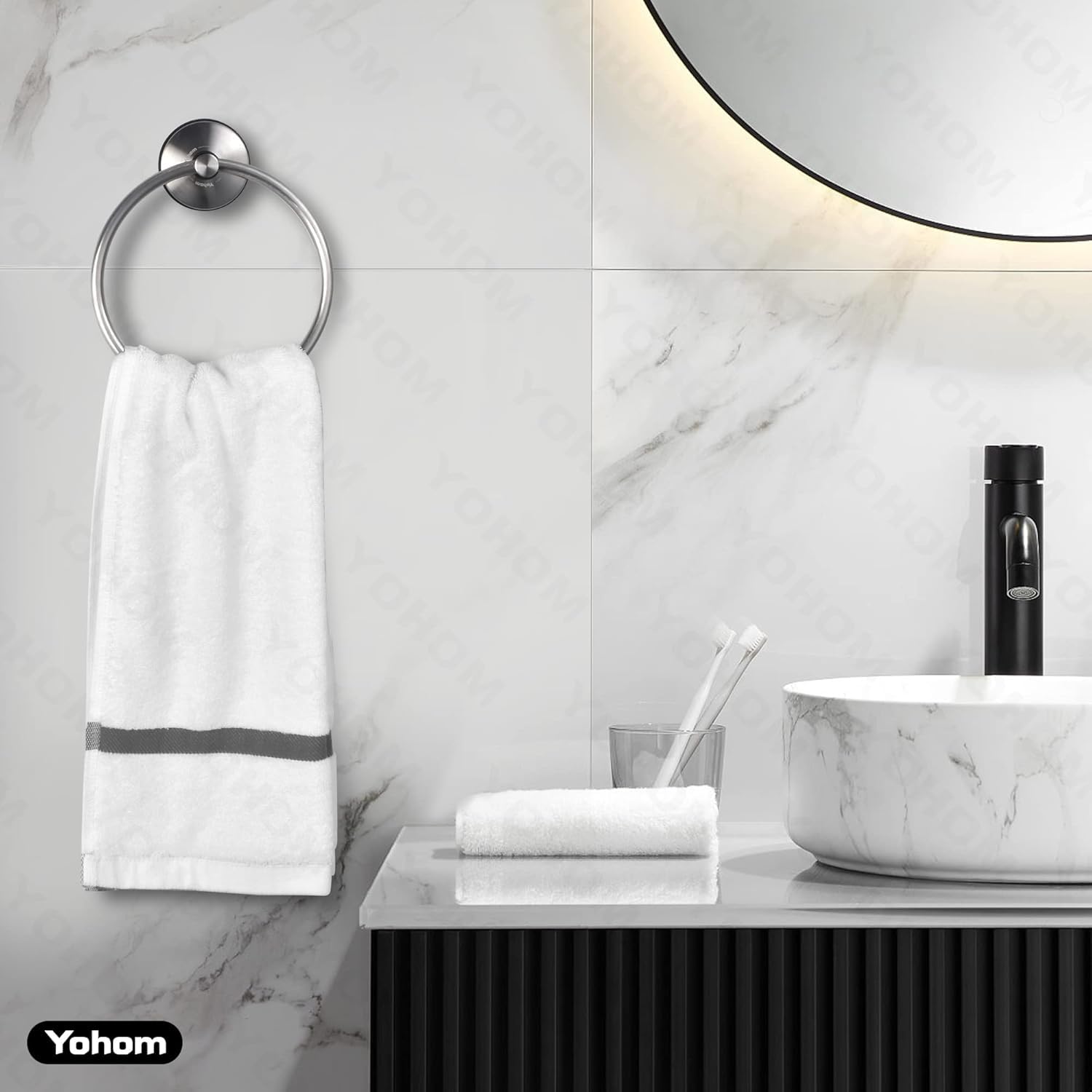 YOHOM Toallero de baño con ventosa de acero inoxidable para toallas de baño, redondo, montado en la pared, cocina, sin taladro, plata cepillada, 2 unidades
