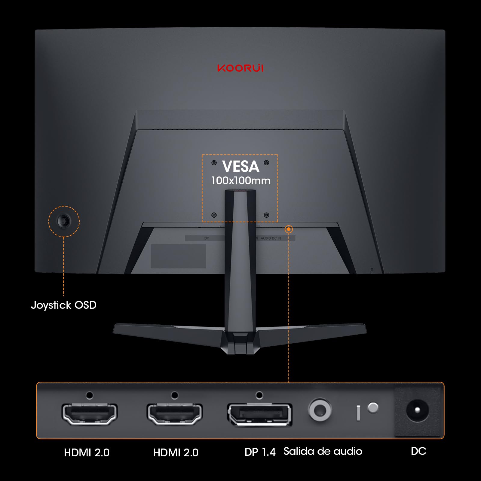 KOORUI Monitor Gaming 27 Pulgadas Curvo 180HZ QHD 1ms Adaptive Sync HDMI/DP | DCI-P3 90%, HDR10, Inclinación Ajustable, Eye Care, QHD 2560x1440, VESA 100x100mm, 1500R