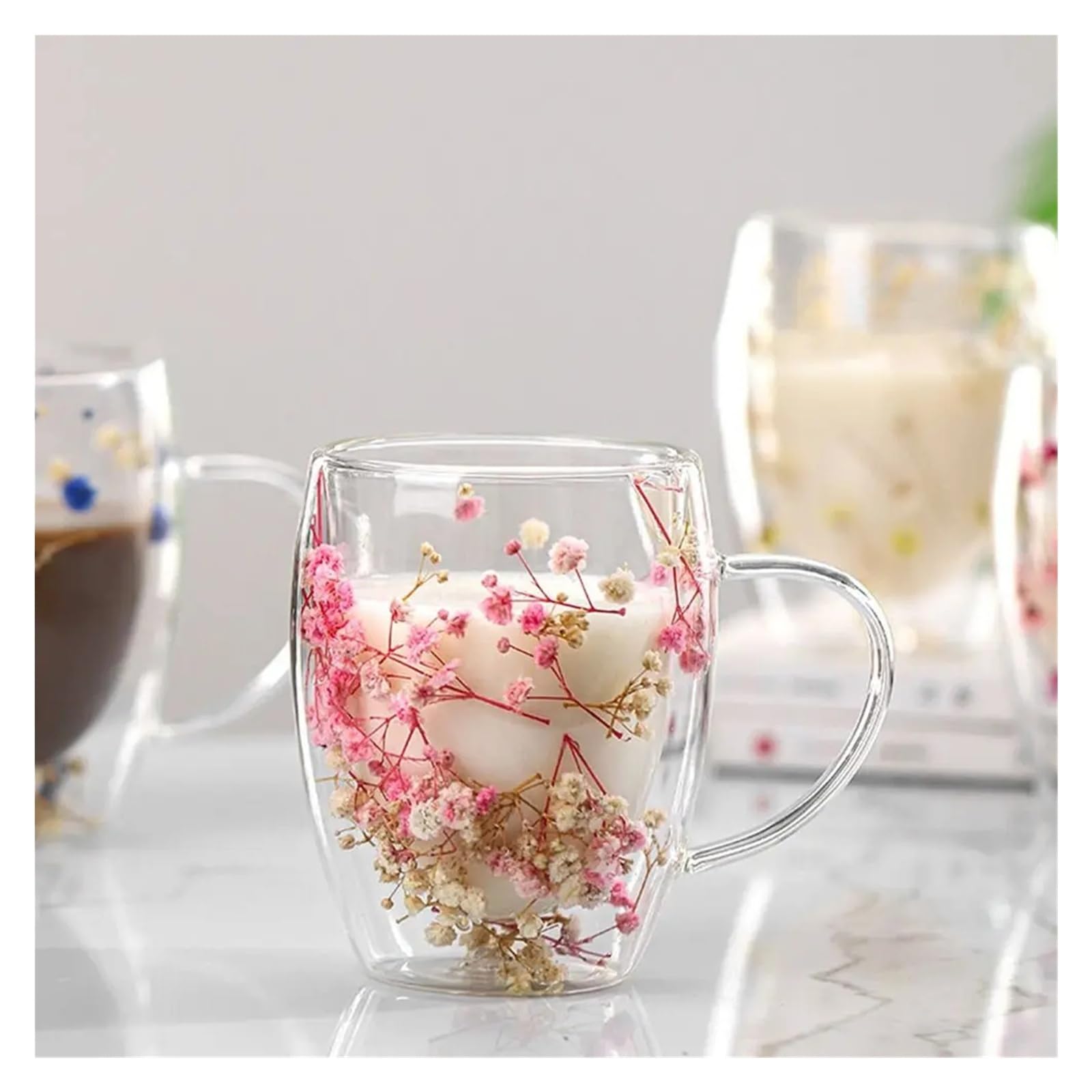 KristallgläSer Doppelwandiger Glasbecher Mit Getrockneten Blumen, 350 Ml, Kaffeebecher Mit Trockenen Blumen, Dekorativer Blumenbecher, Doppelwandiger Blumenbecher(Pink)