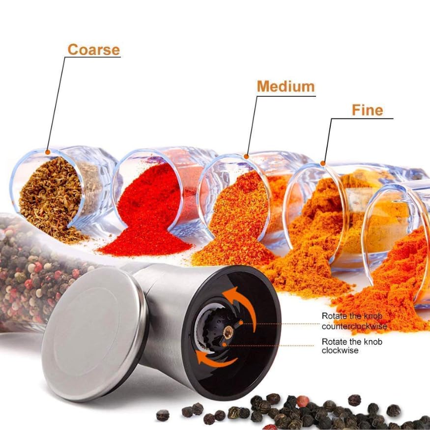 Image of Pepper Mill Glass Grinder Shaker - Stainless Steel Salt and Pepper Crusher, Refillable Tall Glass Salt and Pepper 5 Grinder Level with Ceramic Blades, Adjustable Coarseness (Pack of 1)