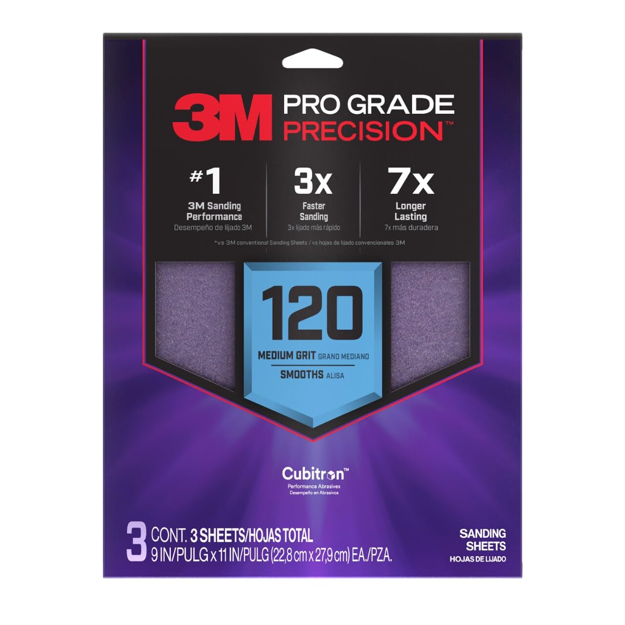 3M Pro Grade Precision Sanding Sheets with No-Slip Grip, 9 x 11 in, 120 Grit, 3-Pack (SHR120-PGP-3T) — image 1
