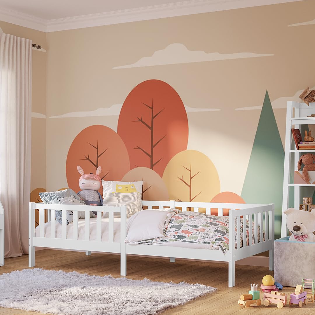 Bellabino Vere Kinderbett 90x200 cm – Montessori Bett mit Rausfallschutz & Lattenrost – Massives Kinder Bett für Jungen & Mädchen aus Holz Kiefer – Kleinkindbett in Weiß