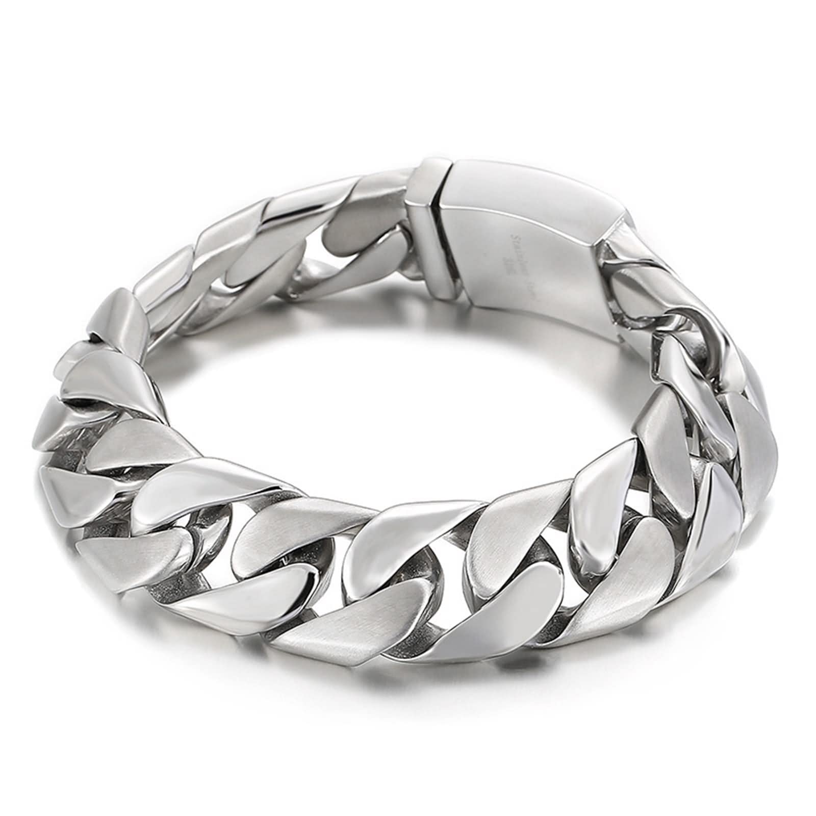Gioielli gourmette da uomo, regali giovani, catena cubana, argento liscio/spazzolato, acciaio inossidabile, 220 x 17 mm